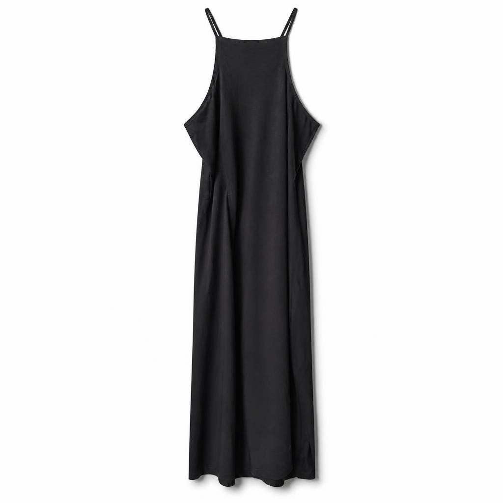 Black sleeveless maxi dress with side slit - white studio shot, second-hand at Why Go Less, Dekwaneh, Lebanon