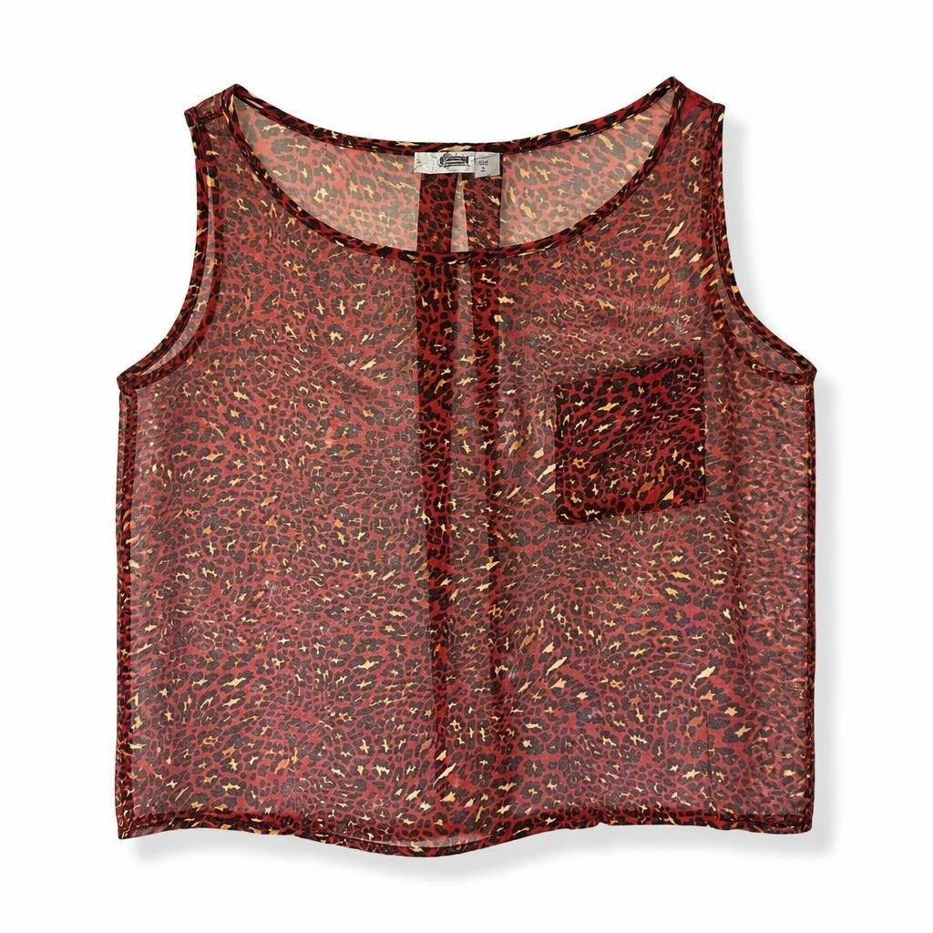Red leopard print sheer mesh top, one size - white studio shot, second-hand at Why Go Less, Dekwaneh, Lebanon