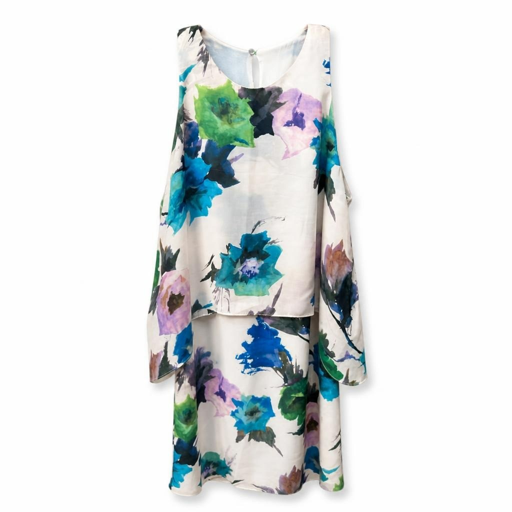 Zara Basic white floral watercolor print dress - white studio shot, second-hand at Why Go Less, Dekwaneh, Lebanon