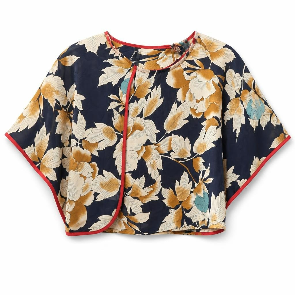 Elli White navy gold floral blouse, flowy - white studio shot, second-hand at Why Go Less, Dekwaneh, Lebanon