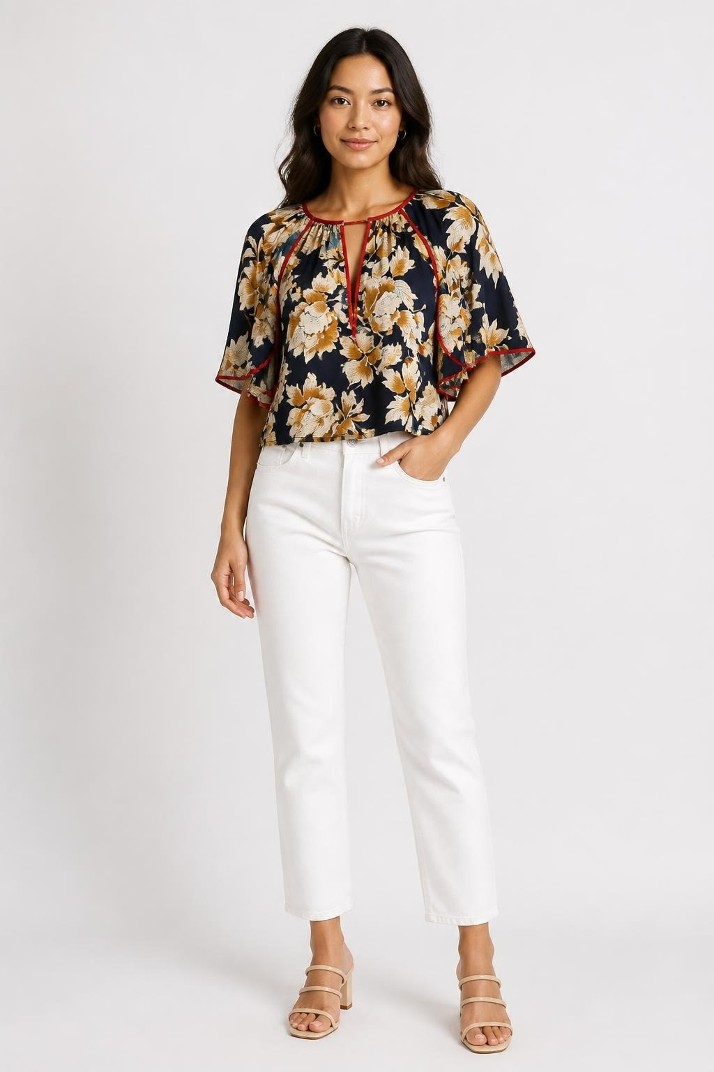 Elli White Navy and Gold Floral Flowy Blouse | Pre-Loved | Why Go Less