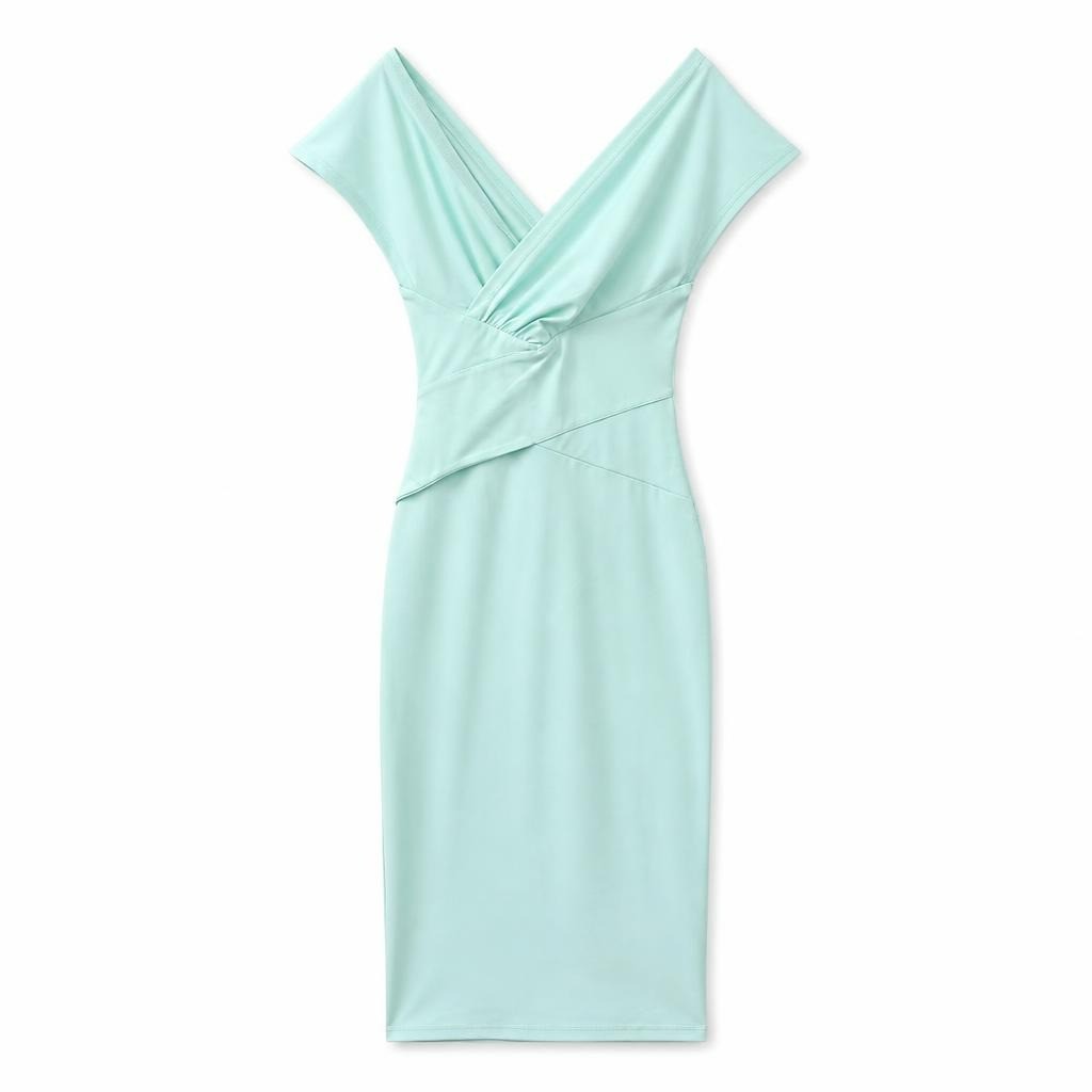 Mint green ruched bodycon midi dress, M/L - white studio shot, second-hand at Why Go Less, Dekwaneh, Lebanon