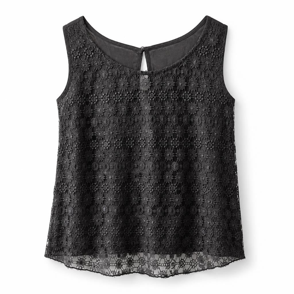 H&M black lace floral overlay sleeveless top, M - white studio shot, second-hand at Why Go Less, Dekwaneh, Lebanon