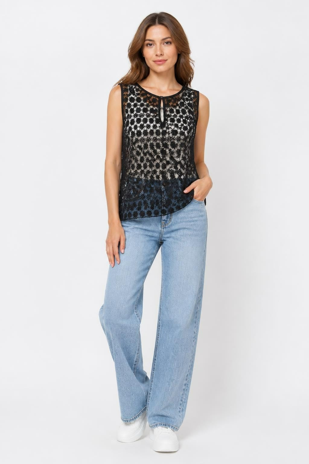 H&M Black Lace Floral Overlay Sleeveless Top Size M | Pre-Loved | Why Go Less