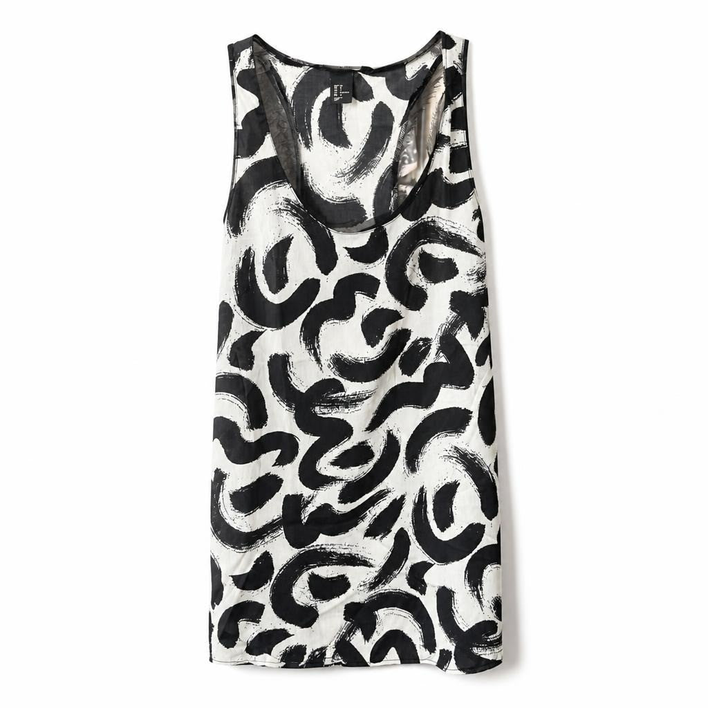 Black & white abstract print sleeveless mini dress - white studio shot, second-hand at Why Go Less, Dekwaneh, Lebanon