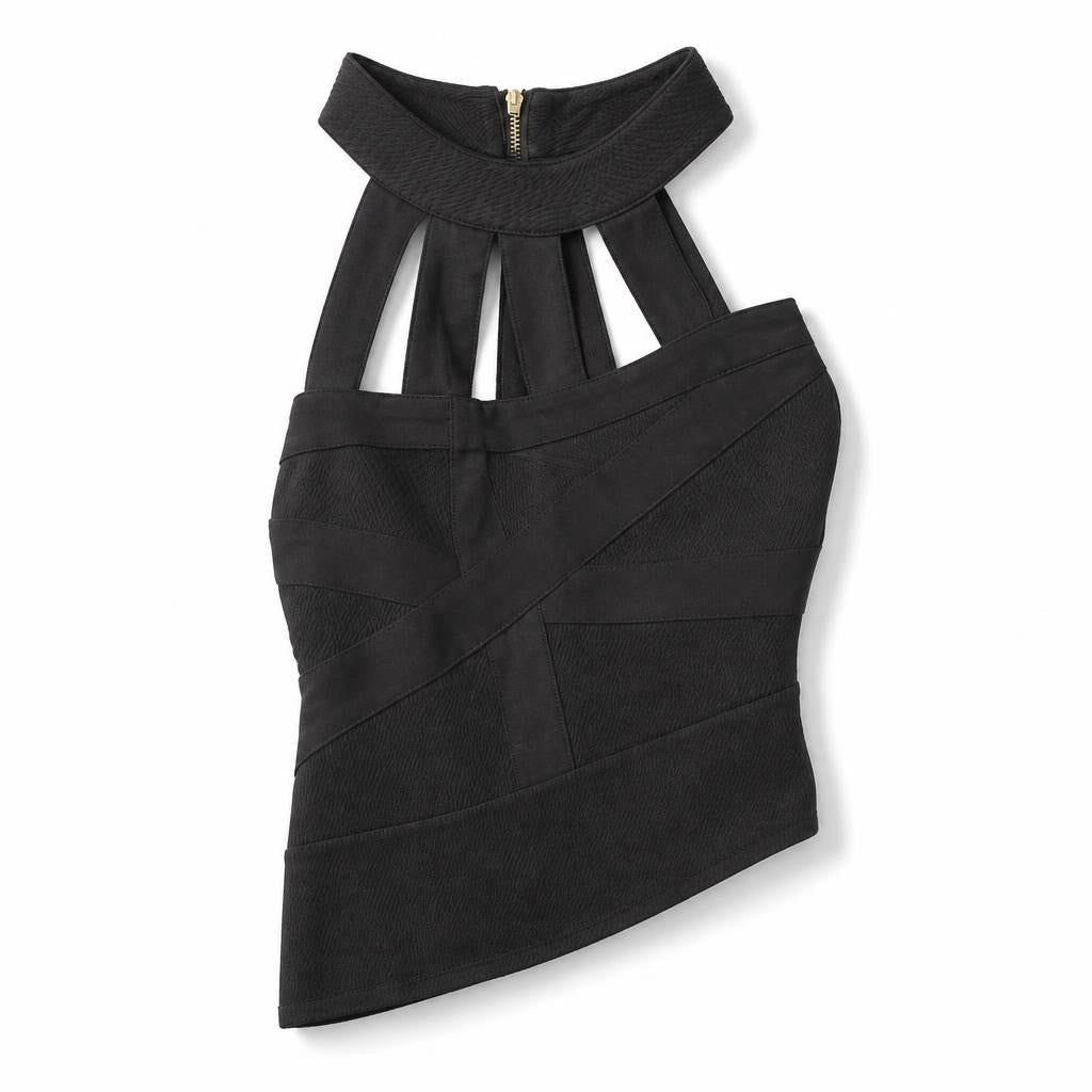 Black bandage-style cutout sleeveless top, S/M - white studio shot, second-hand at Why Go Less, Dekwaneh, Lebanon