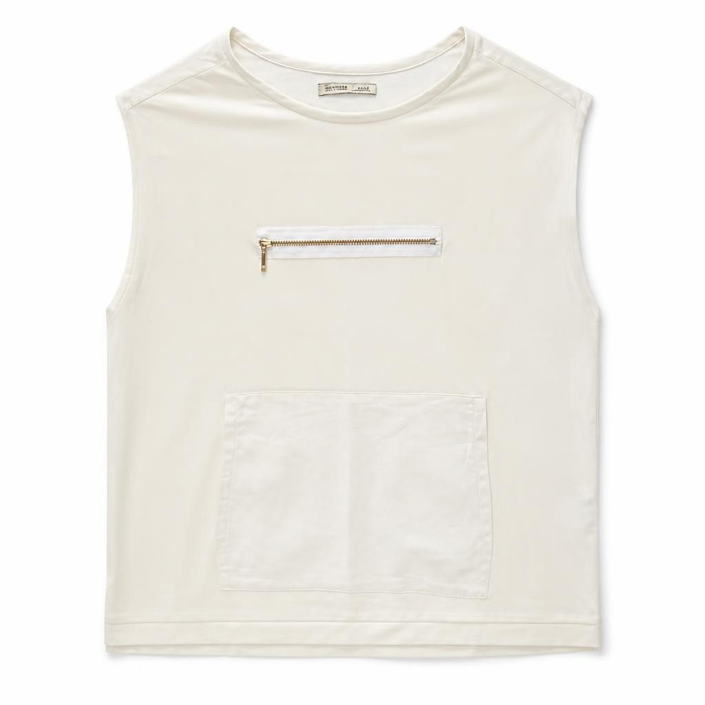 Cream sleeveless top with zip pocket, S/M - white studio shot, second-hand at Why Go Less, Dekwaneh, Lebanon