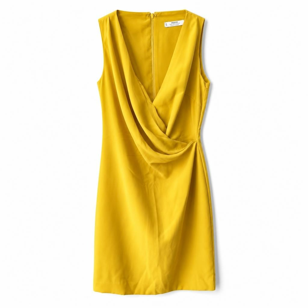 Mango yellow draped sleeveless mini dress - white studio shot, second-hand at Why Go Less, Dekwaneh, Lebanon