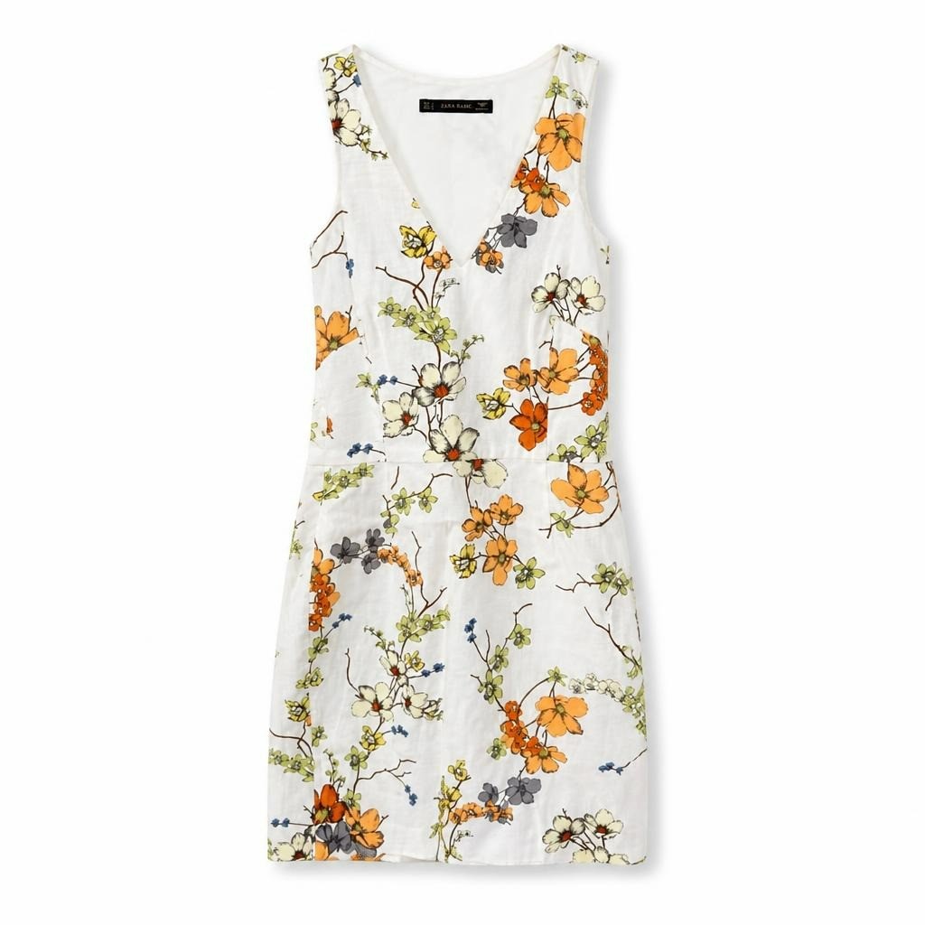 Zara Basic white floral sleeveless V-neck dress - white studio shot, second-hand at Why Go Less, Dekwaneh, Lebanon