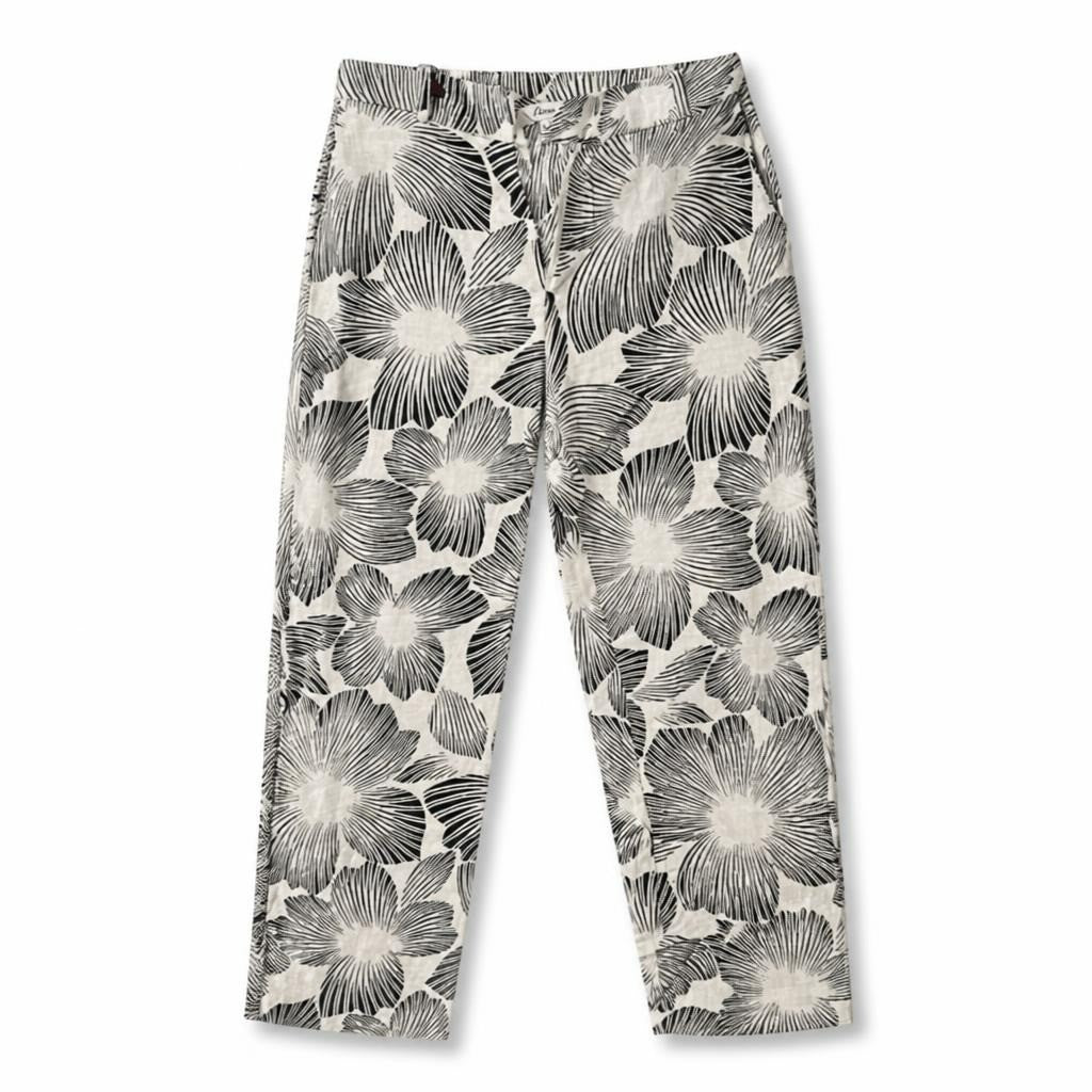 Etam cream black floral wide-leg trousers - white studio shot, second-hand at Why Go Less, Dekwaneh, Lebanon