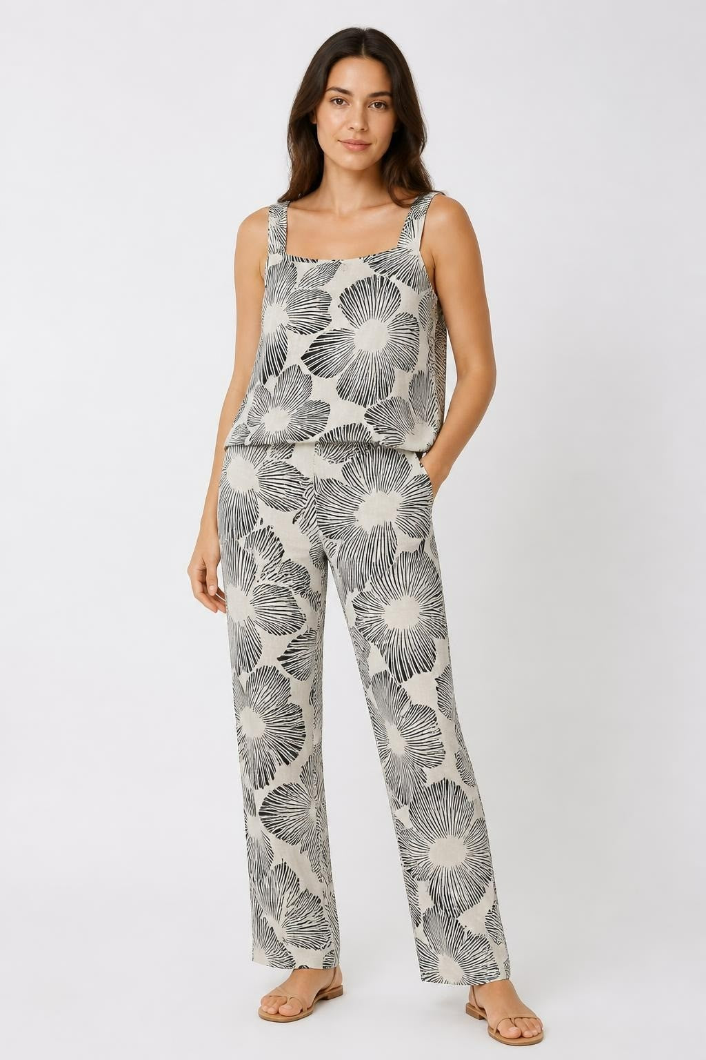 Etam Cream and Black Floral Wide-Leg Trousers | Pre-Loved | Why Go Less
