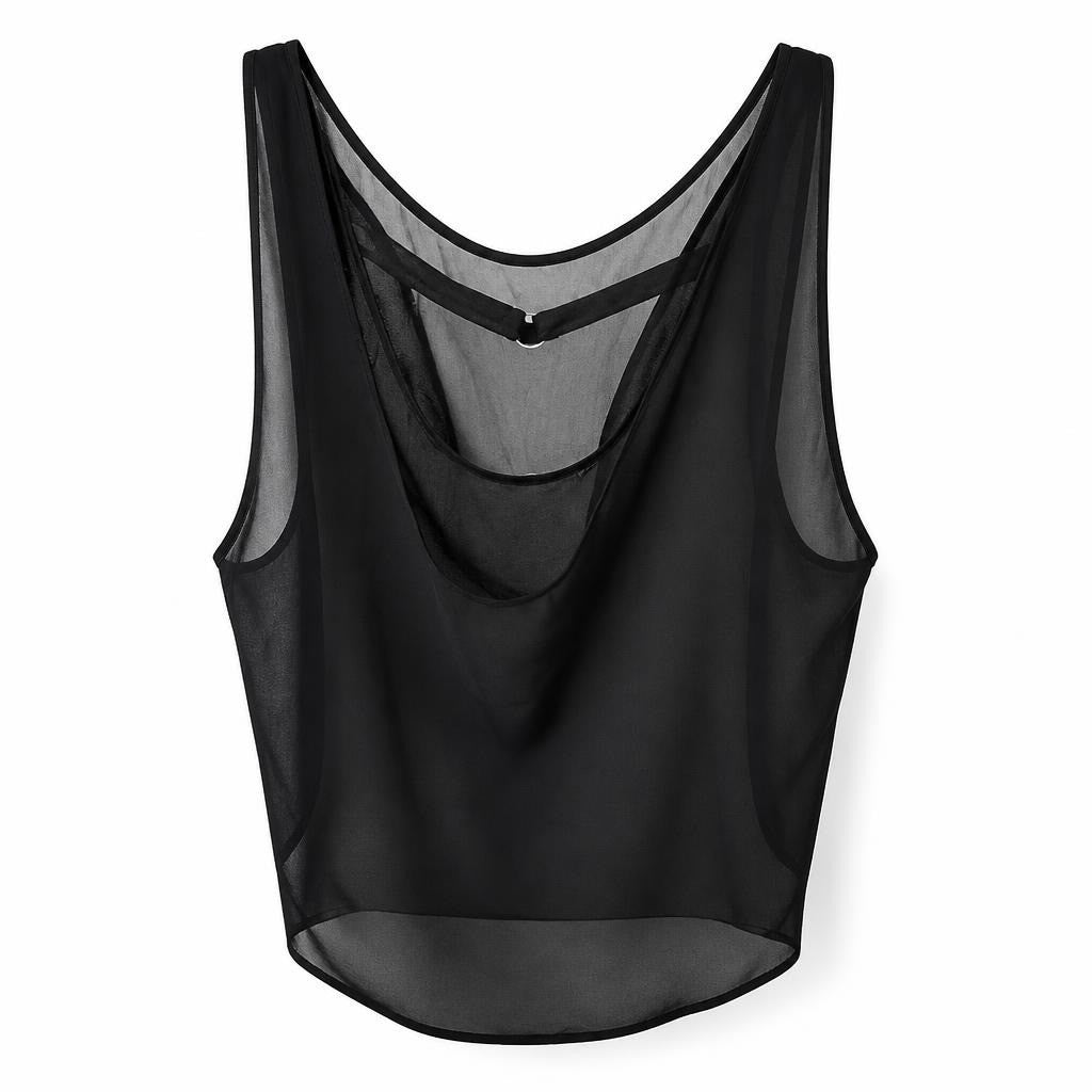 Black sheer mesh sleeveless mini dress - white studio shot, second-hand at Why Go Less, Dekwaneh, Lebanon