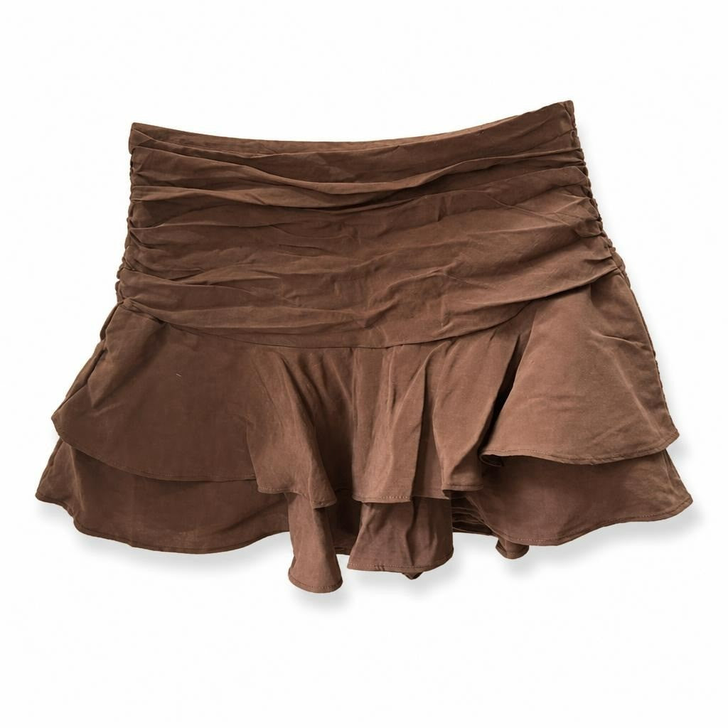 Brown ruched tiered mini skirt - white studio shot, second-hand at Why Go Less, Dekwaneh, Lebanon