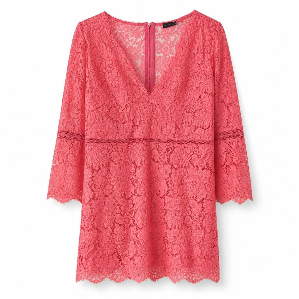 Coral pink lace mini dress V-neck long sleeve - white studio shot, second-hand at Why Go Less, Dekwaneh, Lebanon
