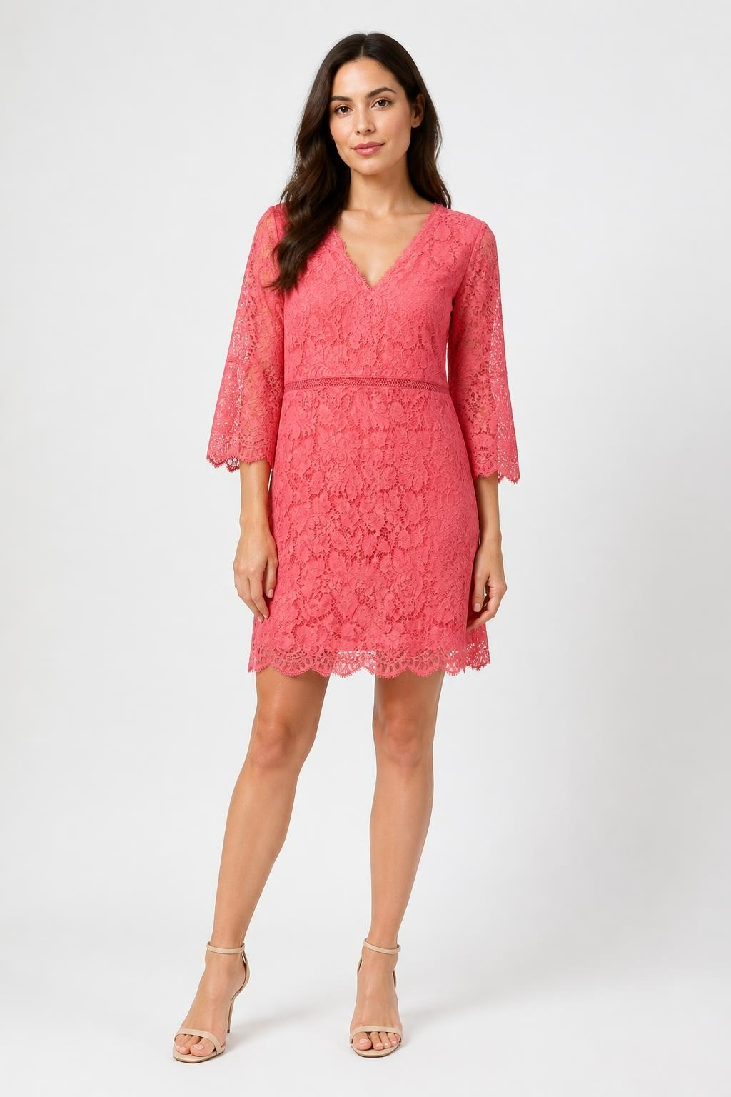 Coral Pink Lace V-Neck Long Sleeve Mini Dress | Pre-Loved | Why Go Less