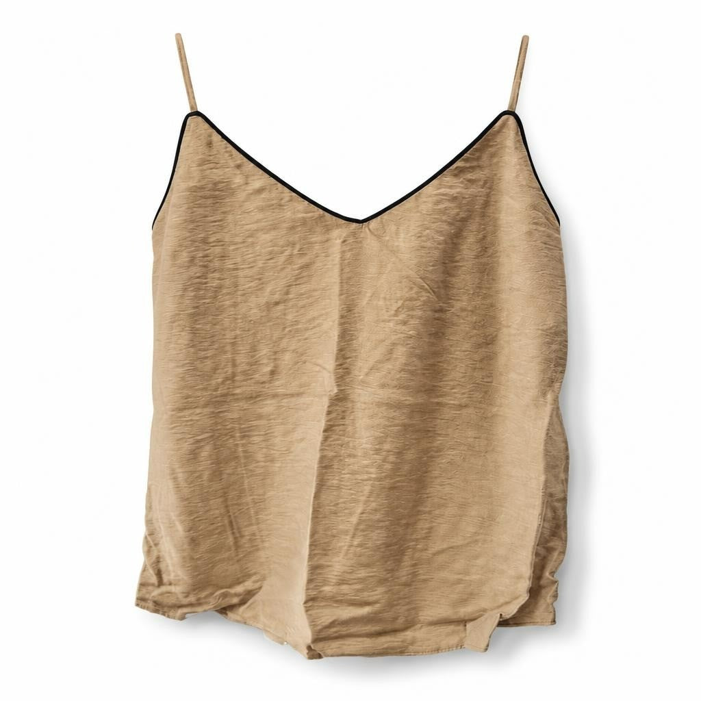 Beige satin slip cami dress V-neck contrast trim - white studio shot, second-hand at Why Go Less, Dekwaneh, Lebanon