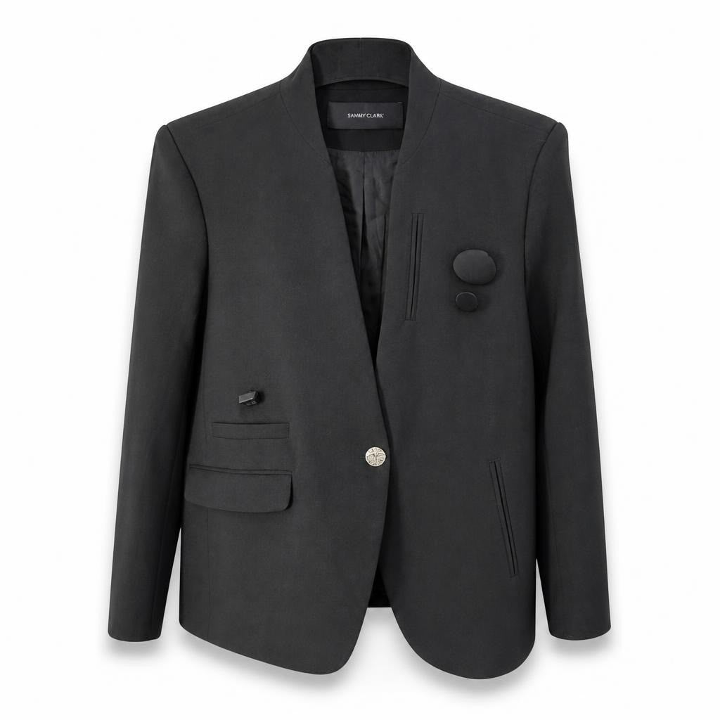 Sammi Clark black blazer jacket, collarless - white studio shot, second-hand at Why Go Less, Dekwaneh, Lebanon