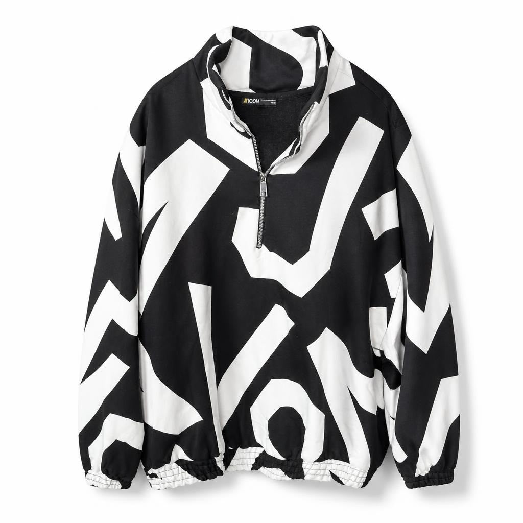 ICON black & white graphic half-zip pullover - white studio shot, second-hand at Why Go Less, Dekwaneh, Lebanon