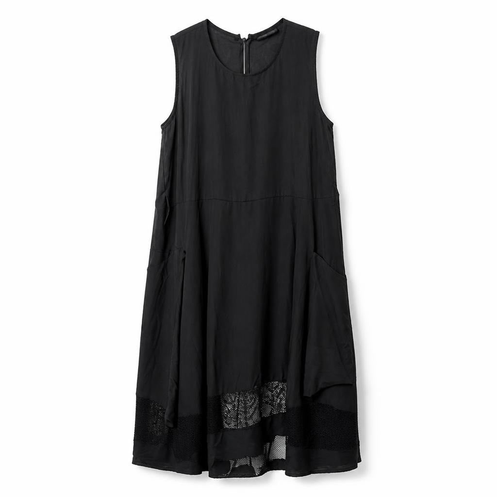 Black sleeveless midi dress with lace hem - white studio shot, second-hand at Why Go Less, Dekwaneh, Lebanon
