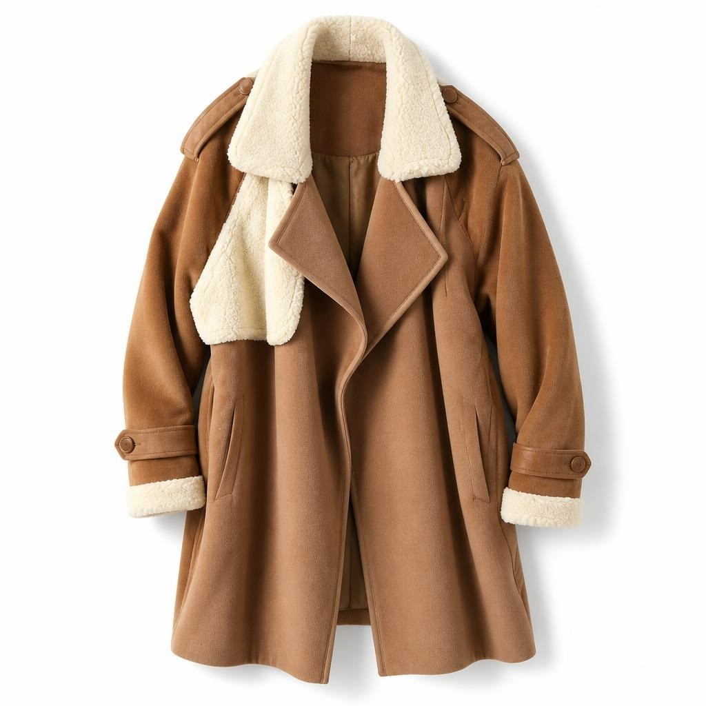 Sheggy tan sherpa-collar faux leather coat - white studio shot, second-hand at Why Go Less, Dekwaneh, Lebanon