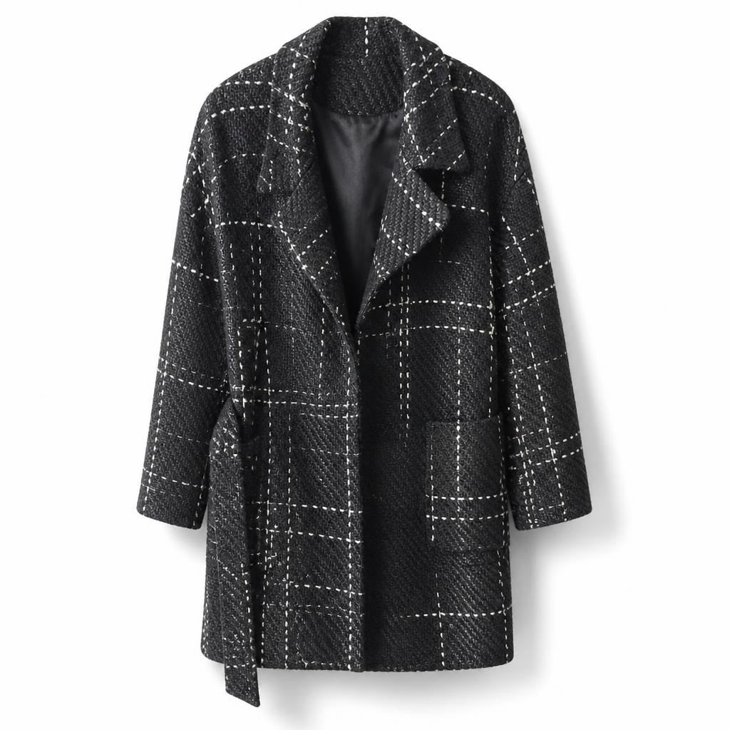 Black plaid tweed open-front coat - white studio shot, second-hand at Why Go Less, Dekwaneh, Lebanon