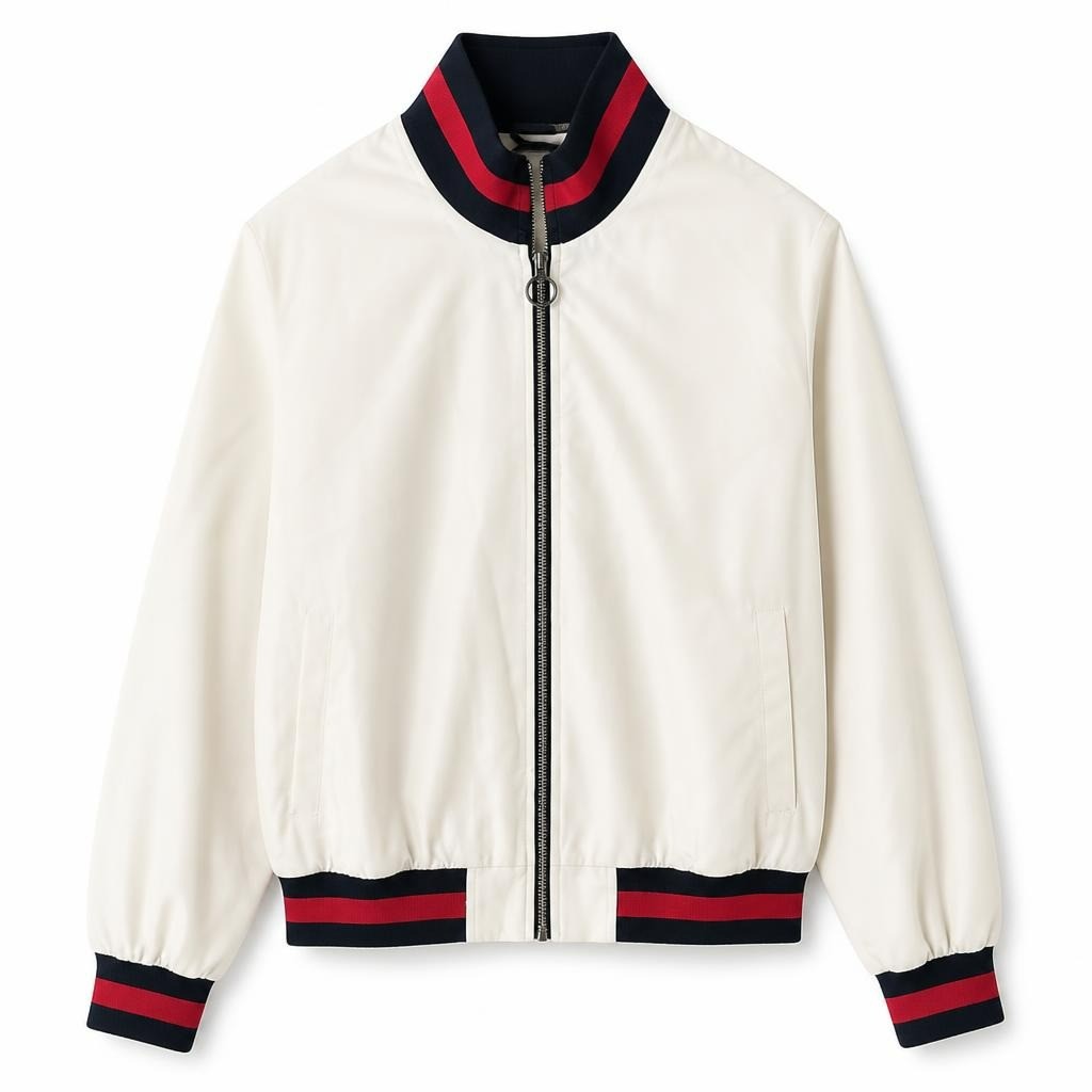 White bomber jacket red-black striped trim zip-up - white studio shot, second-hand at Why Go Less, Dekwaneh, Lebanon