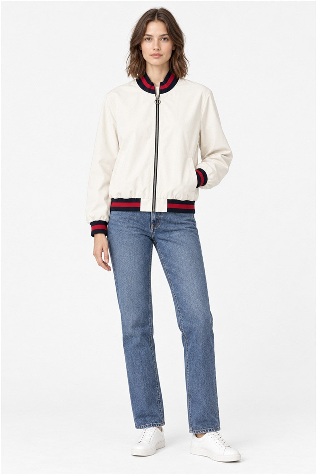 White bomber jacket red-black striped trim zip-up - on model, second-hand at Why Go Less, Dekwaneh, Lebanon