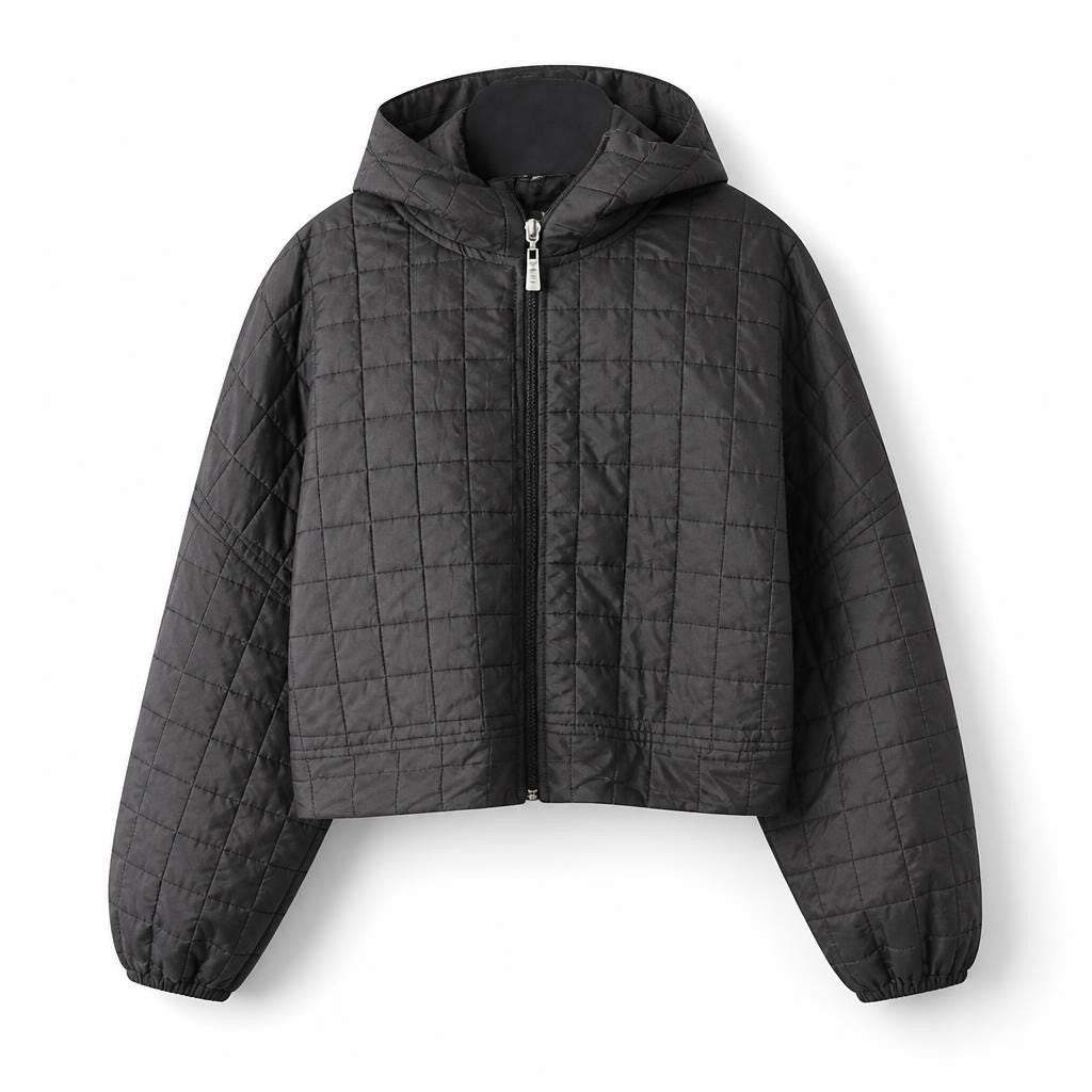 Black quilted zip-up bomber jacket grid pattern - white studio shot, second-hand at Why Go Less, Dekwaneh, Lebanon
