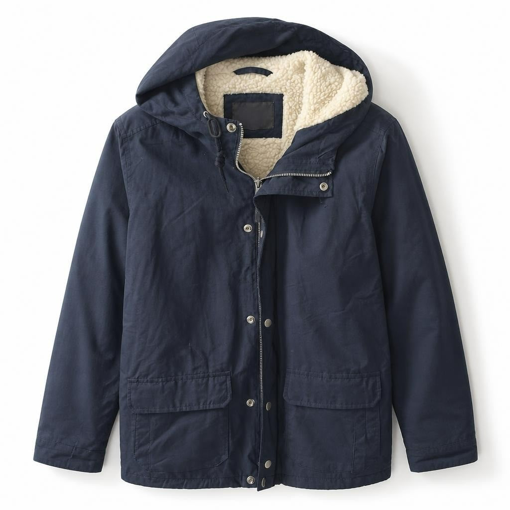 Primark navy hooded jacket sherpa fleece lining - white studio shot, second-hand at Why Go Less, Dekwaneh, Lebanon