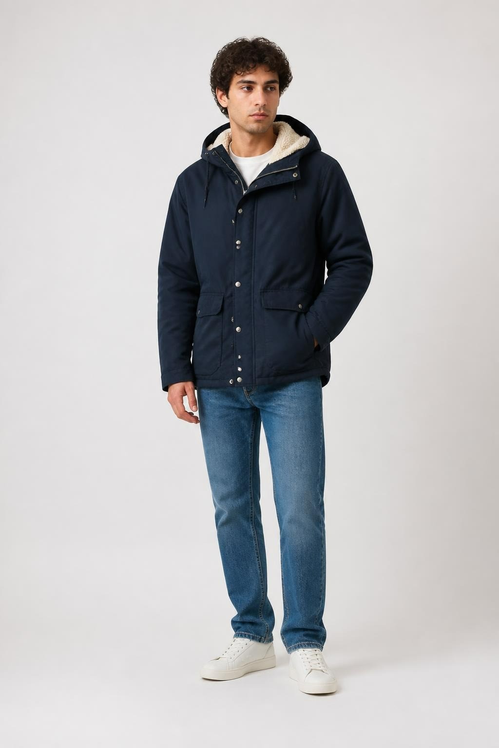 Primark Navy Hooded Jacket With Sherpa Fleece Lining | Pre-Loved | Why Go Less