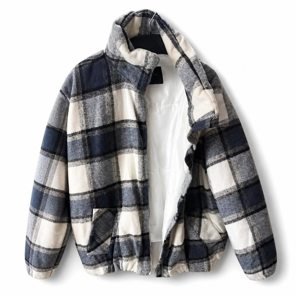 Blue white plaid oversized hooded shacket flannel - white studio shot, second-hand at Why Go Less, Dekwaneh, Lebanon