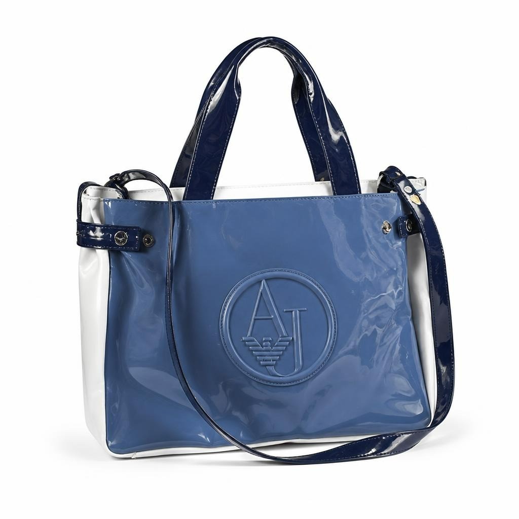 Armani Jeans navy patent leather tote shoulder bag - white studio shot, second-hand at Why Go Less, Dekwaneh, Lebanon