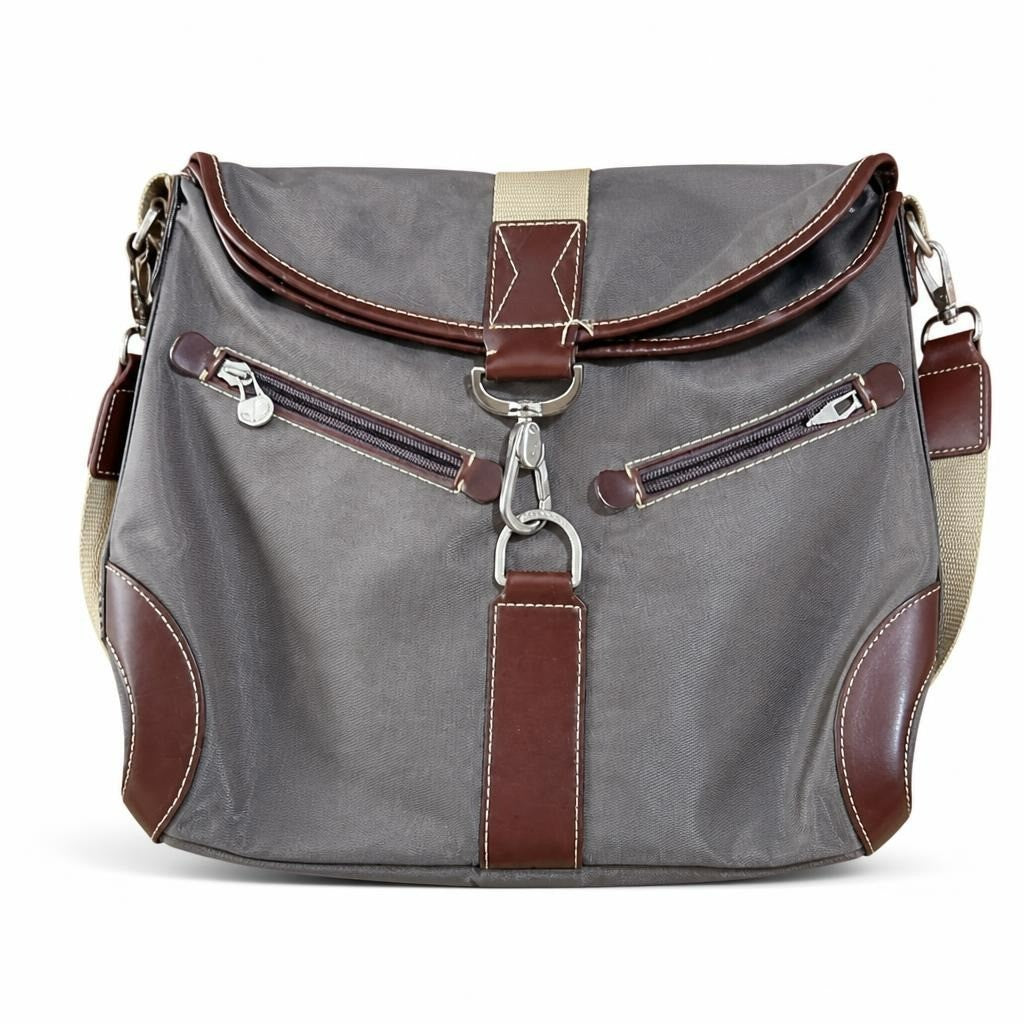 Grey canvas messenger bag brown leather trim - white studio shot, second-hand at Why Go Less, Dekwaneh, Lebanon