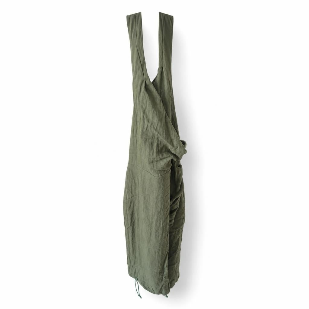 Olive green flowy wide-leg pants or jumpsuit - white studio shot, second-hand at Why Go Less, Dekwaneh, Lebanon