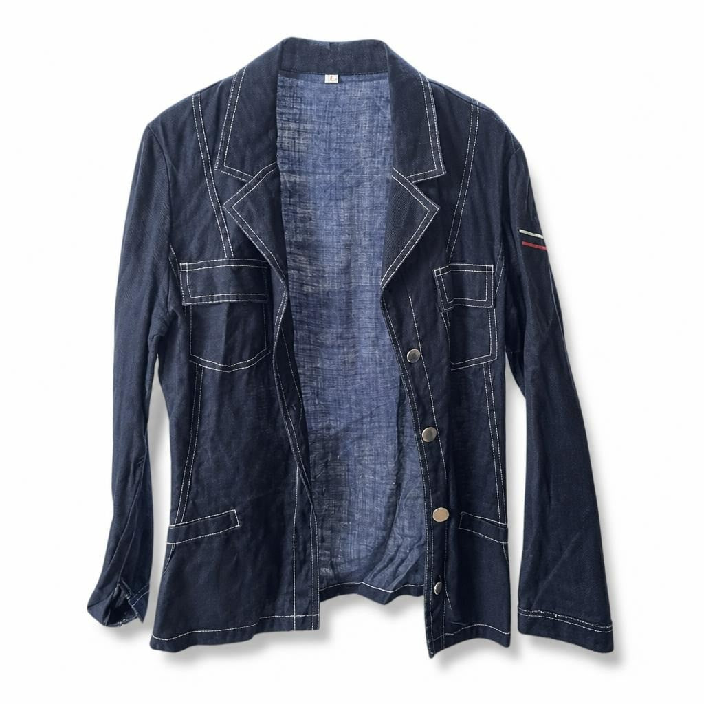 Dark Navy Denim Blazer Jacket White Stitching - white studio shot, second-hand at Why Go Less, Dekwaneh, Lebanon