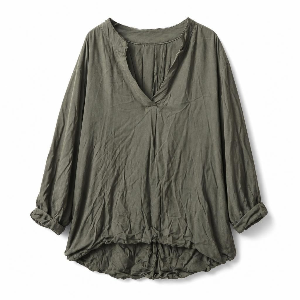 Olive Green Long Sleeve V-Neck Draped Mini Dress - white studio shot, second-hand at Why Go Less, Dekwaneh, Lebanon