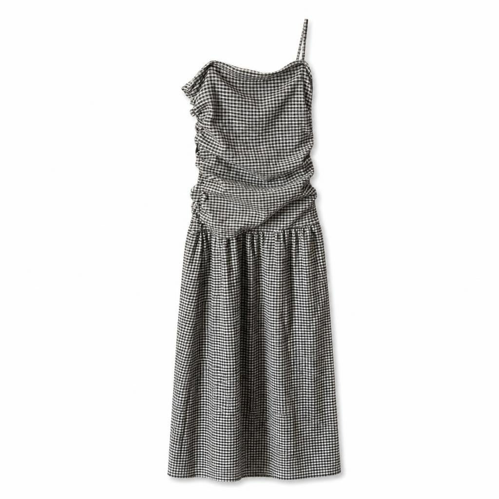 Black White Gingham Ruched Midi Dress Straps - white studio shot, second-hand at Why Go Less, Dekwaneh, Lebanon