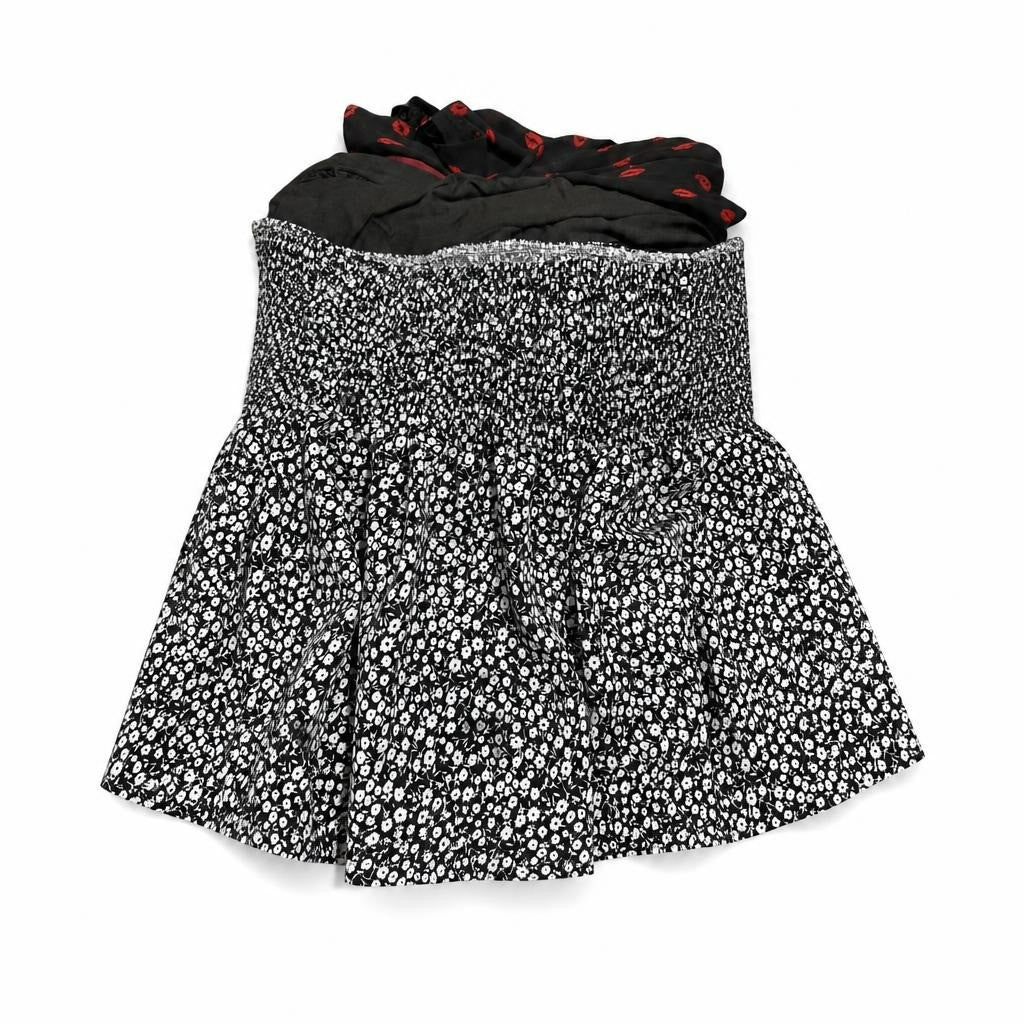 Black Floral Ditsy Print Mini Skirt, elastic waist - white studio shot, second-hand at Why Go Less, Dekwaneh, Lebanon
