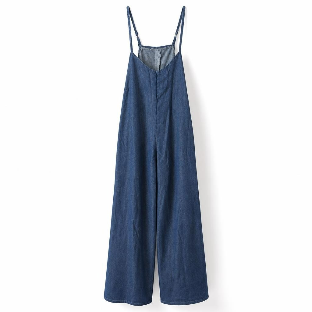 Dark Denim Spaghetti Strap Maxi Dress, V-neck - white studio shot, second-hand at Why Go Less, Dekwaneh, Lebanon