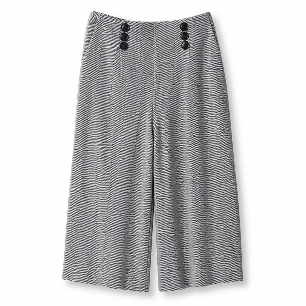 Nocturne Grey Herringbone Wide-Leg Trousers - white studio shot, second-hand at Why Go Less, Dekwaneh, Lebanon