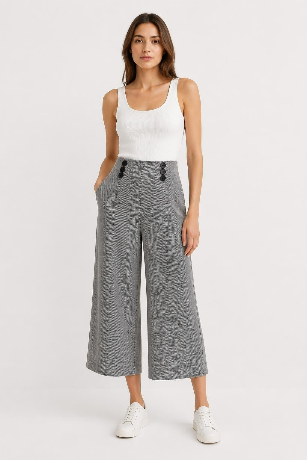 Nocturne Grey Herringbone Wide-Leg Trousers | Pre-Loved | Why Go Less