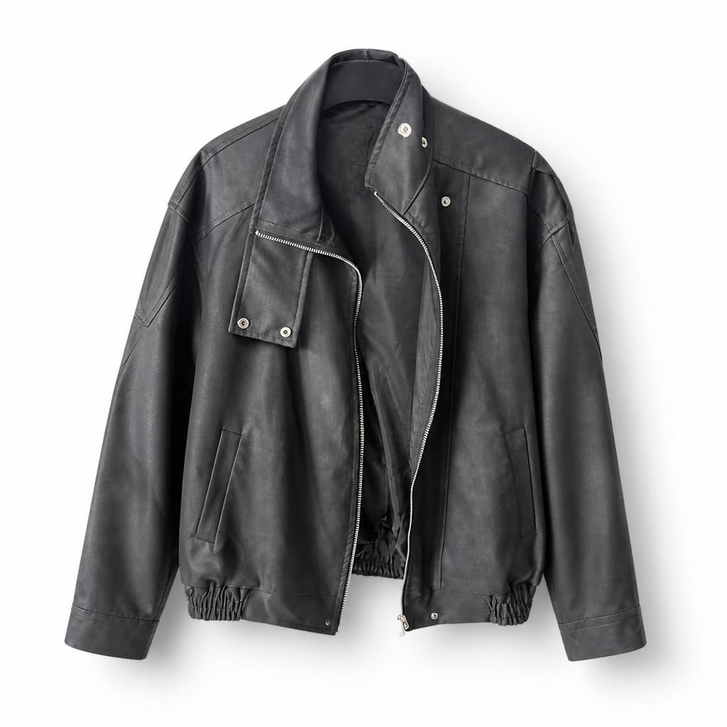 Bestelle black faux leather moto jacket, size M - white studio shot, second-hand at Why Go Less, Dekwaneh, Lebanon