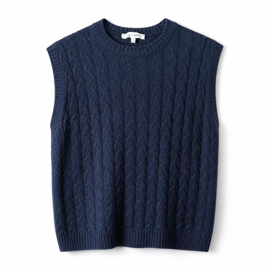 Navy blue cable-knit sleeveless sweater vest - white studio shot, second-hand at Why Go Less, Dekwaneh, Lebanon