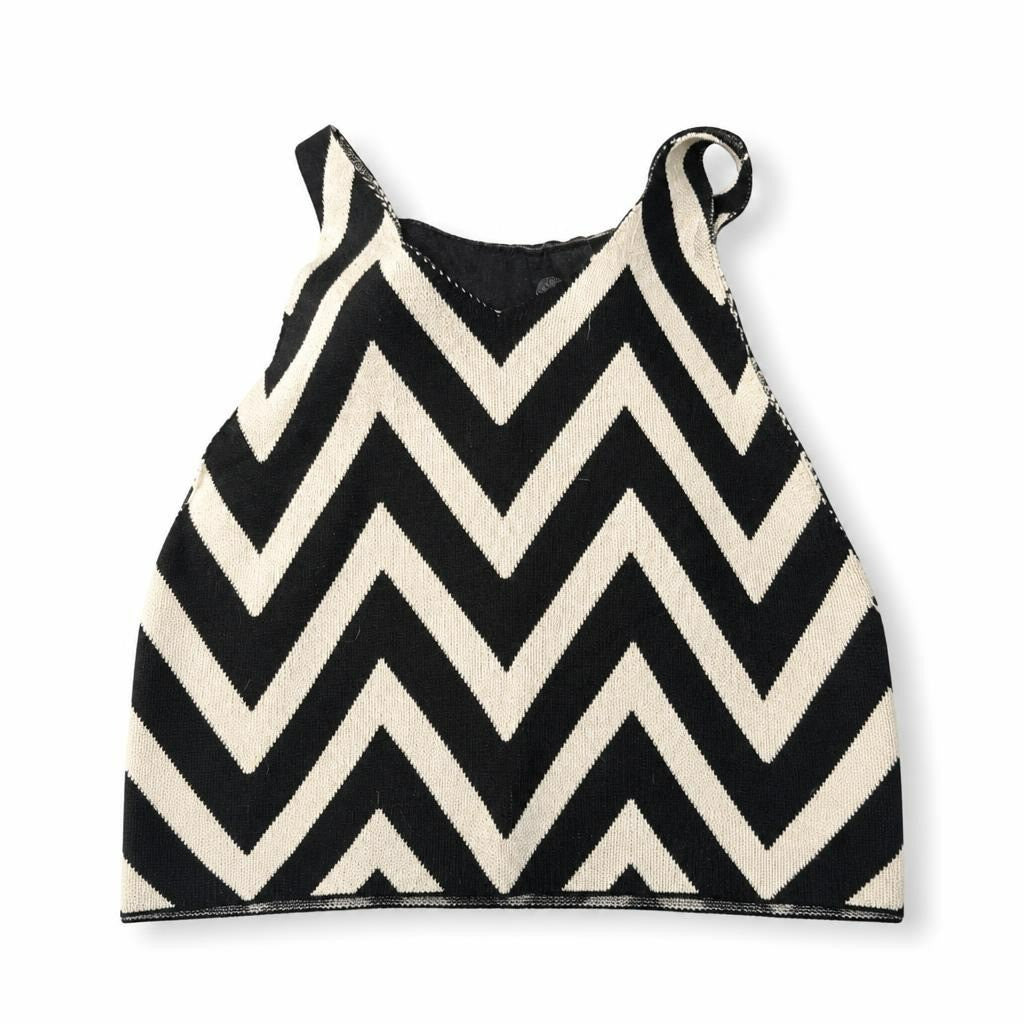 Black & cream chevron crop knit tank top - white studio shot, second-hand at Why Go Less, Dekwaneh, Lebanon