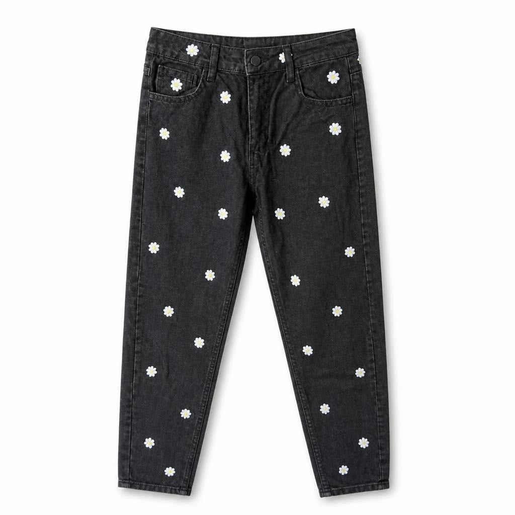 OUZU black jeans daisy embroidery, size 26 - white studio shot, second-hand at Why Go Less, Dekwaneh, Lebanon