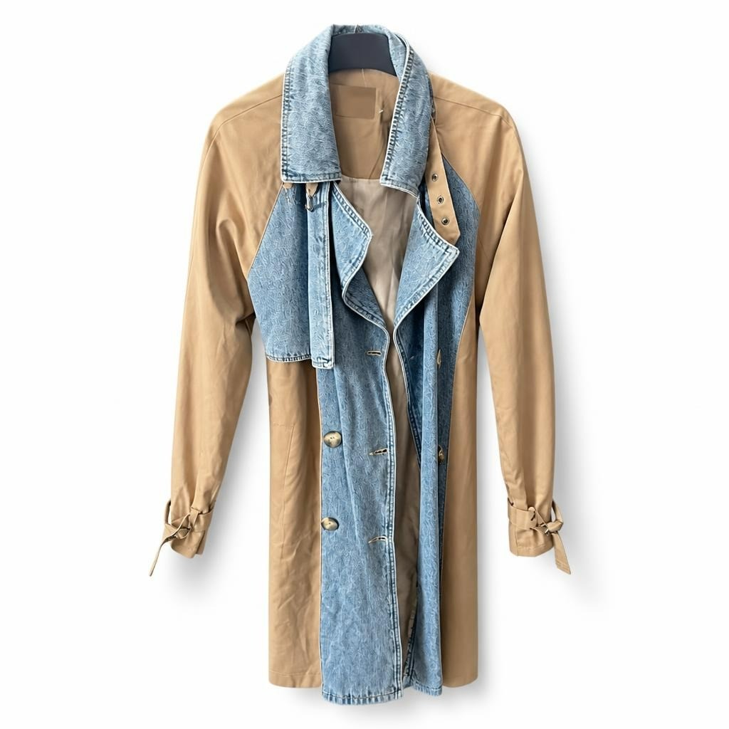Sheggy Dubai two-tone denim trench coat, beige - white studio shot, second-hand at Why Go Less, Dekwaneh, Lebanon