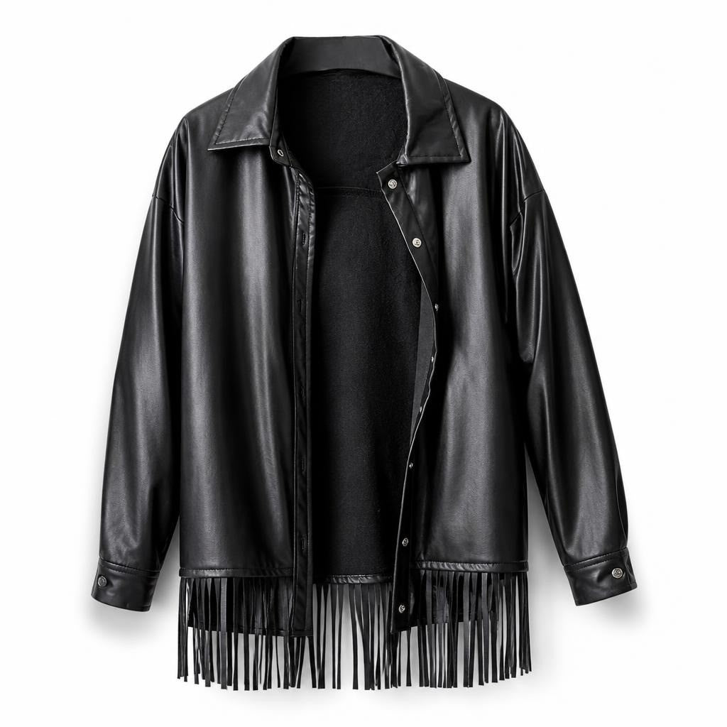 Black faux leather fringe snap-button jacket - white studio shot, second-hand at Why Go Less, Dekwaneh, Lebanon