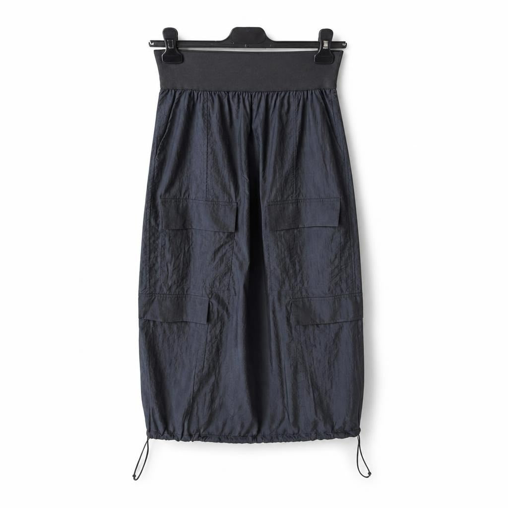 Navy blue cargo parachute midi skirt - white studio shot, second-hand at Why Go Less, Dekwaneh, Lebanon