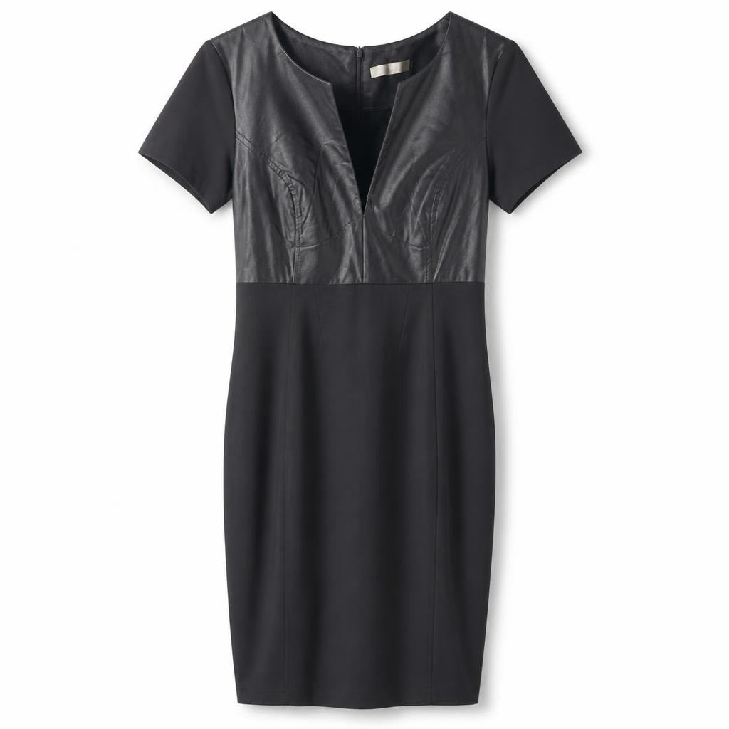Black leather panel v-neck mini dress - white studio shot, second-hand at Why Go Less, Dekwaneh, Lebanon