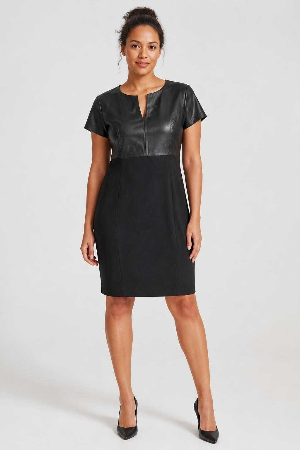 Black Leather Panel V-Neck Mini Dress | Pre-Loved | Why Go Less